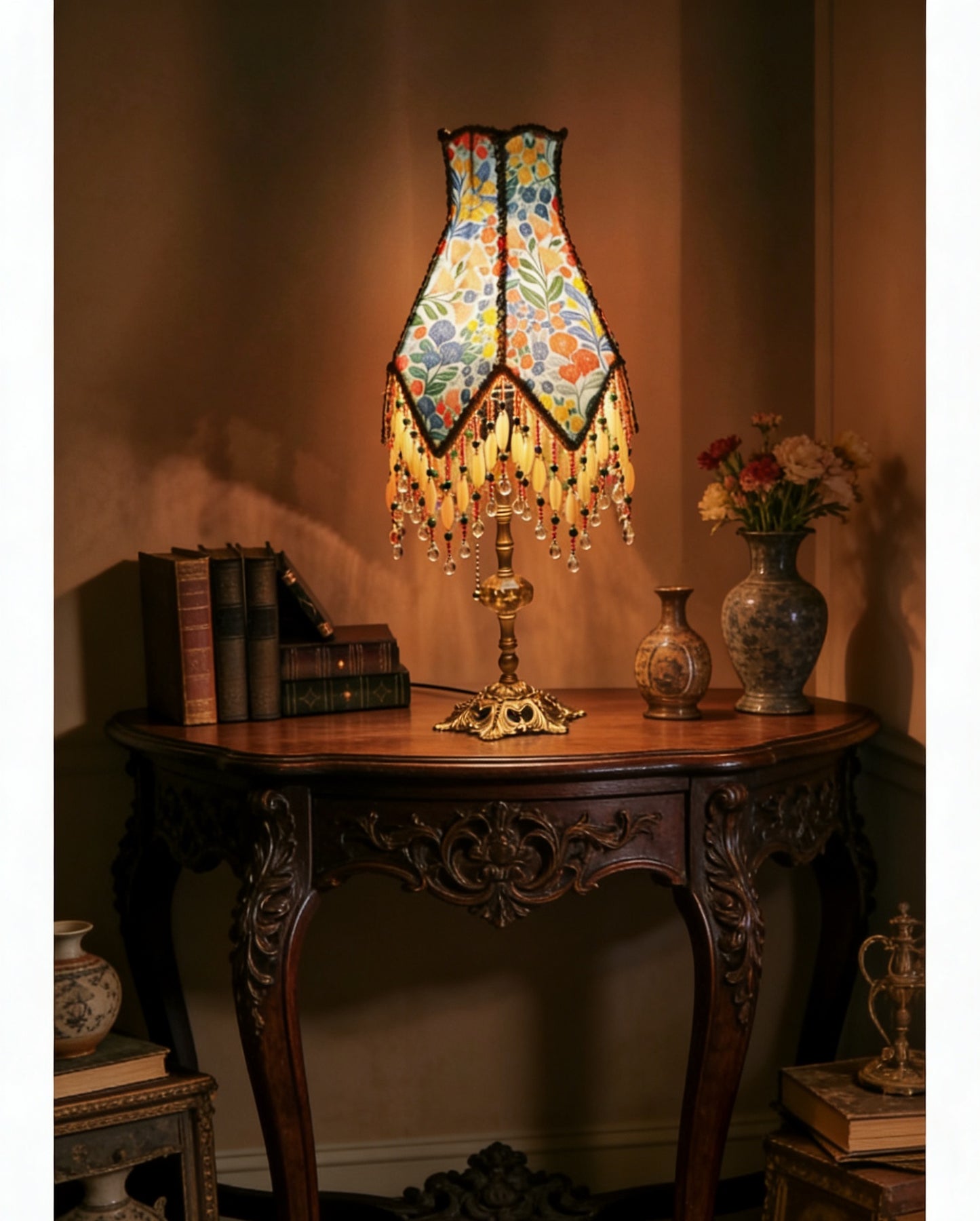 Lampe im Landhausstil mit Blumenmuster als Geschenk zur Einweihung