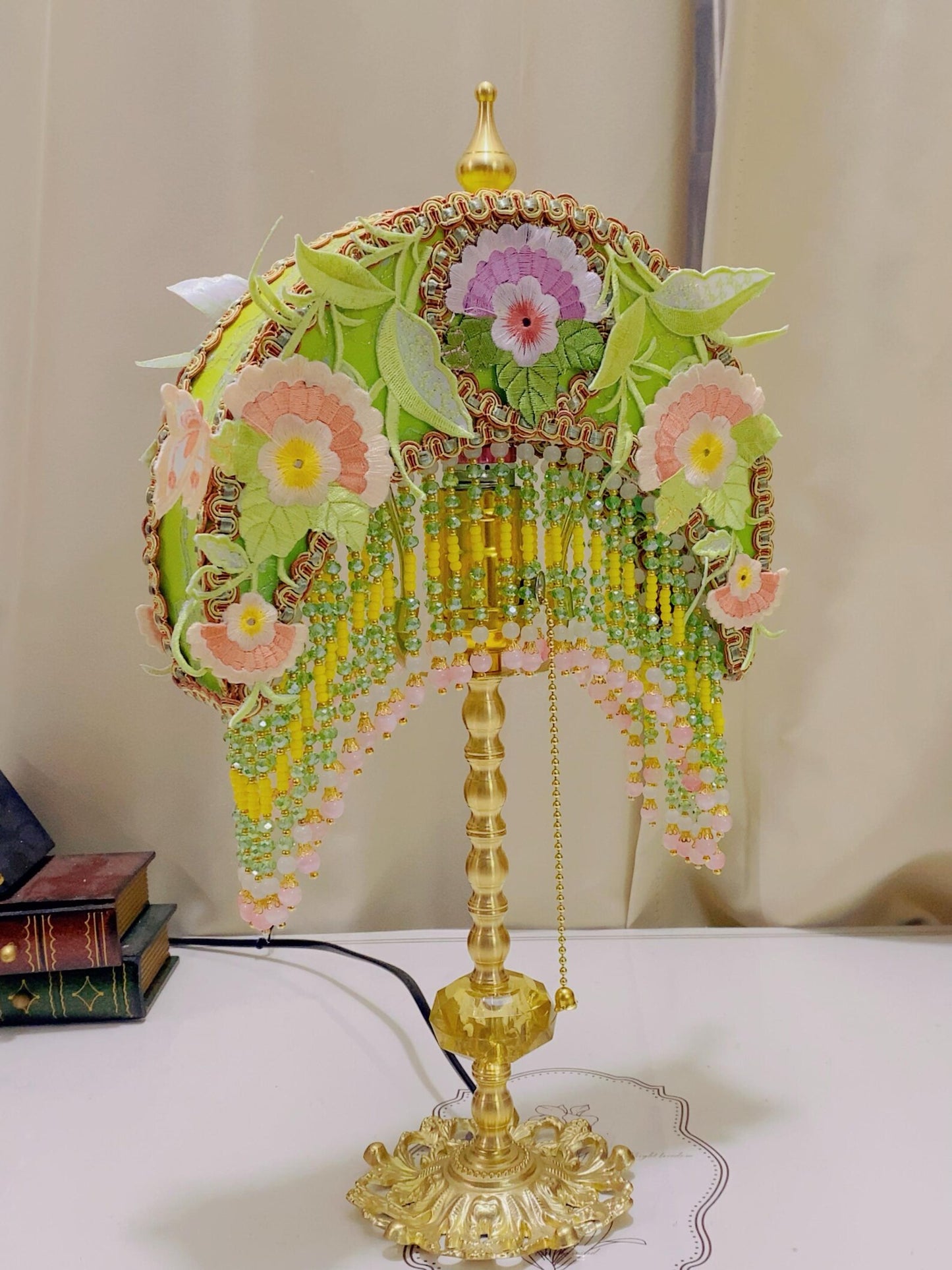 Moon Retro Floral Tassel Embroidery Lamp