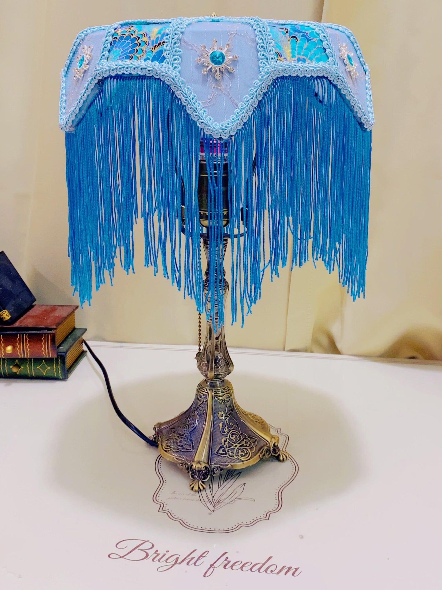 Handmade Blue Tassel Table Lamp, Retro And Elegant Art Lighting