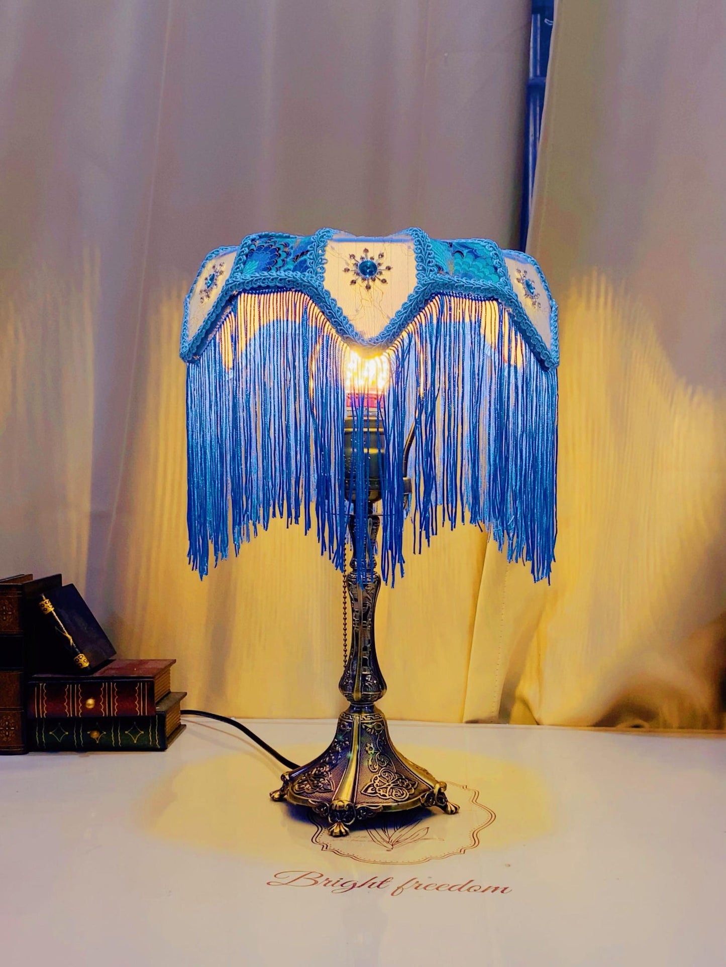 Handmade Blue Tassel Table Lamp, Retro And Elegant Art Lighting
