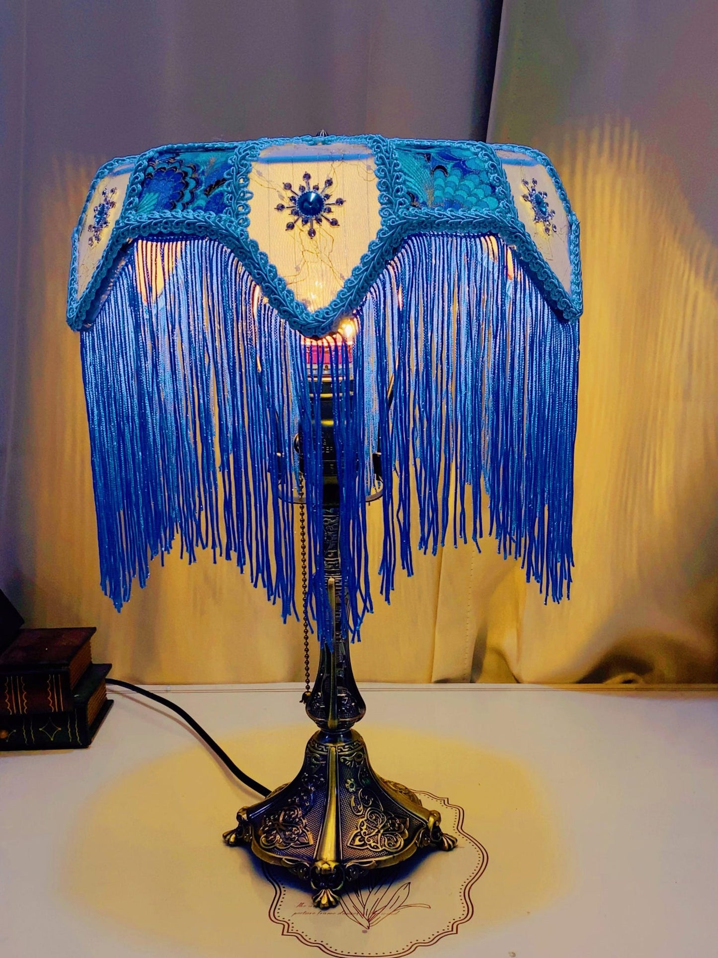 Handmade Blue Tassel Table Lamp, Retro And Elegant Art Lighting