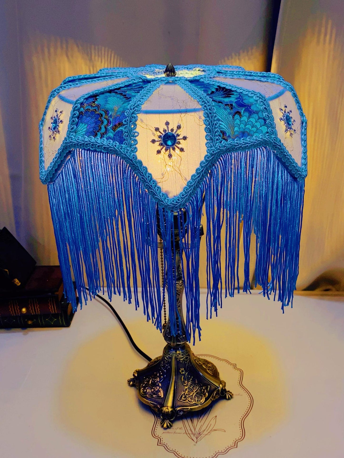 Handmade Blue Tassel Table Lamp, Retro And Elegant Art Lighting