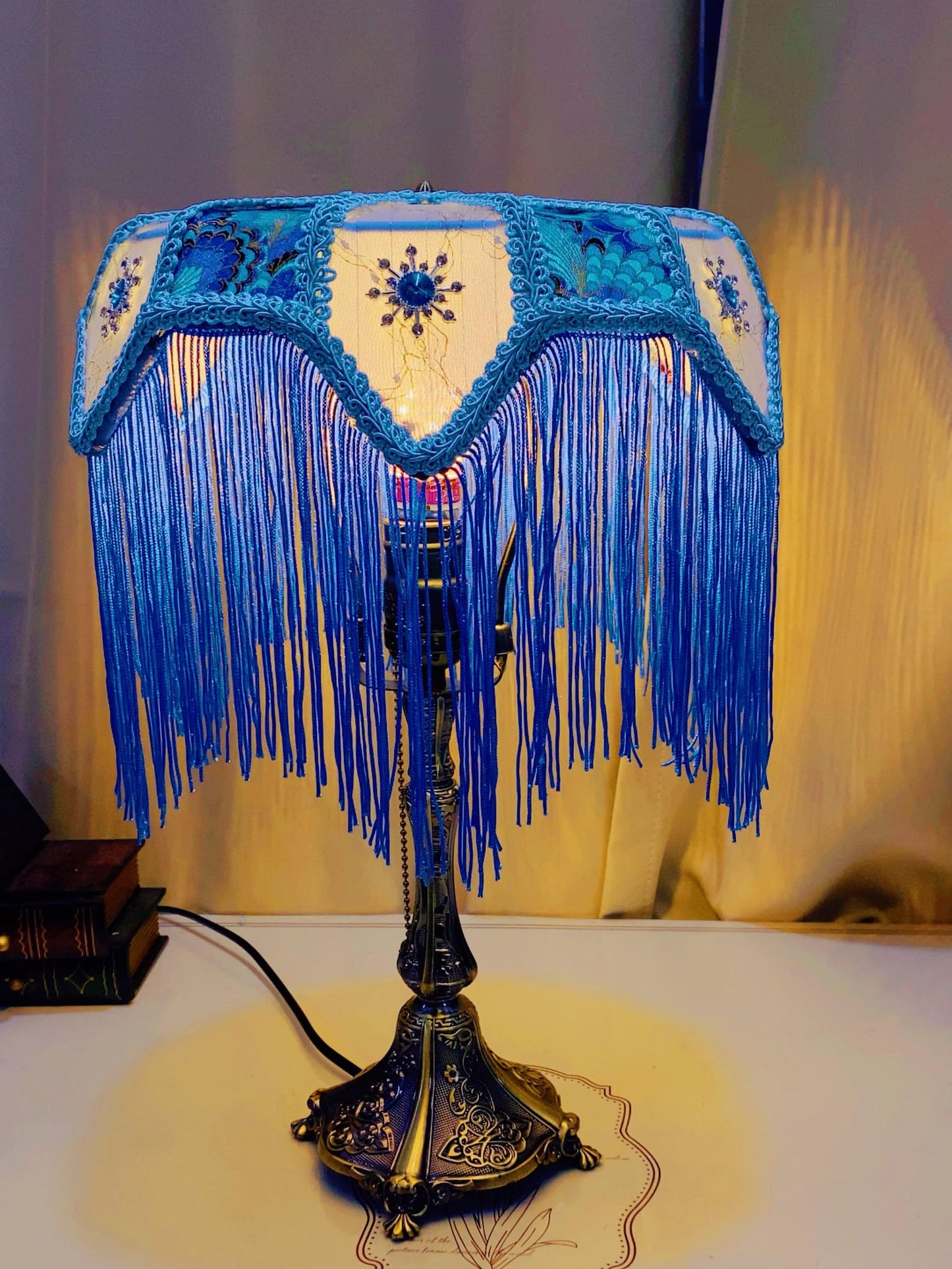 Handmade Blue Tassel Table Lamp, Retro And Elegant Art Lighting