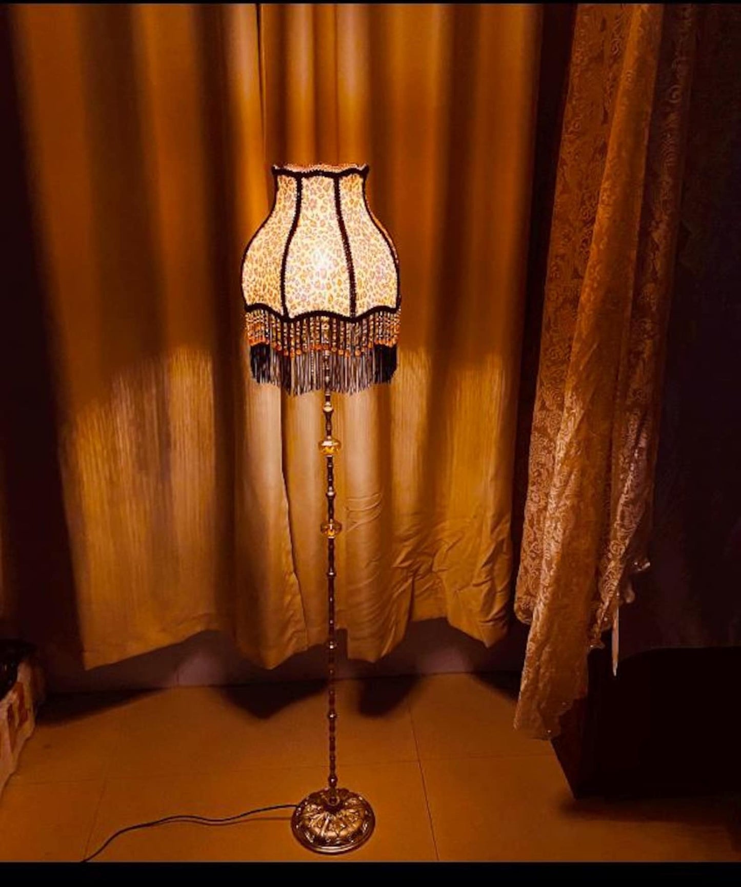 Handmade Leopard Print Floor Lamp Vintage Brass Accent Tassel Lamp