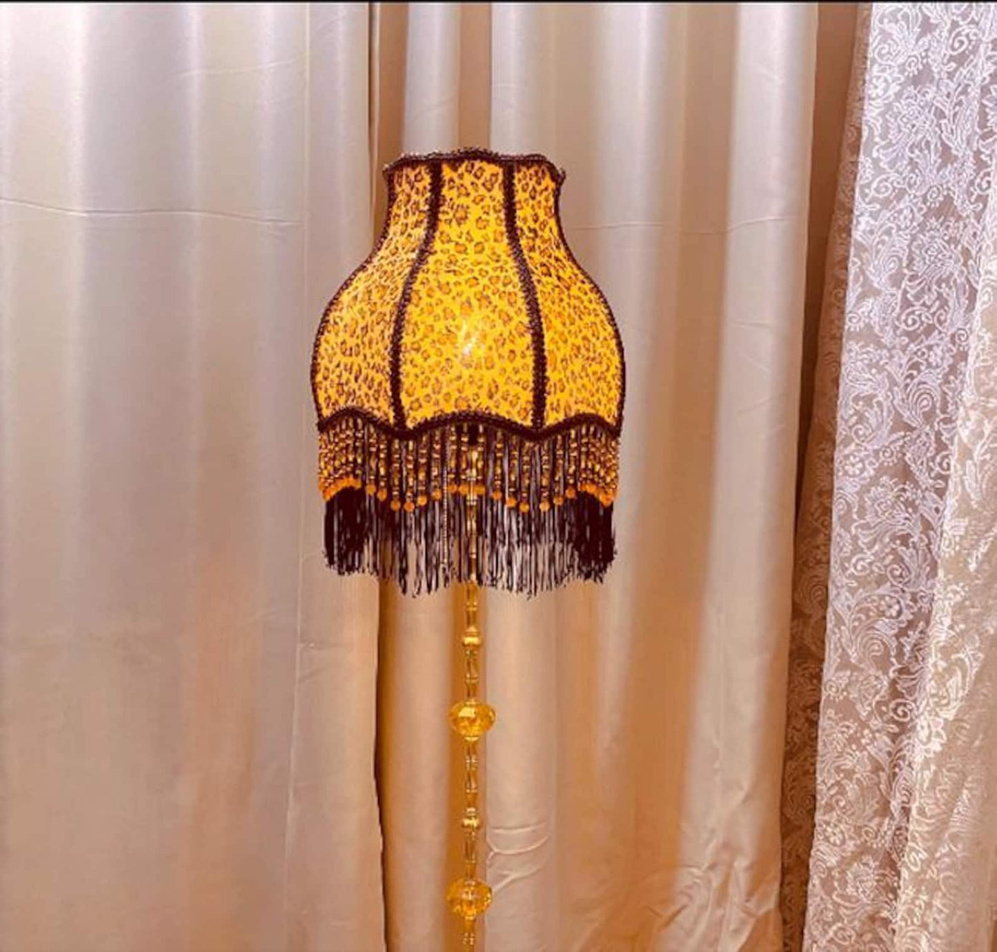 Handmade Leopard Print Floor Lamp Vintage Brass Accent Tassel Lamp