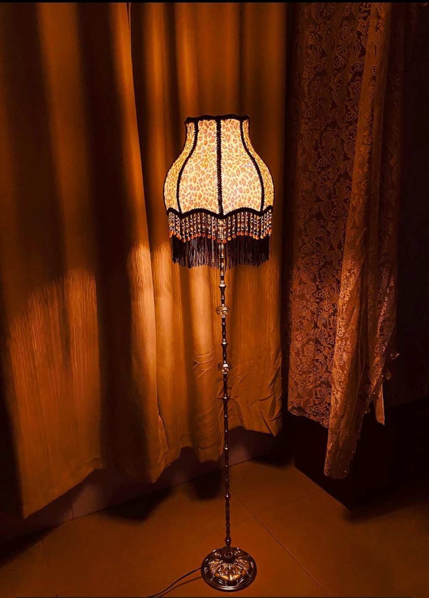 Handmade Leopard Print Floor Lamp Vintage Brass Accent Tassel Lamp
