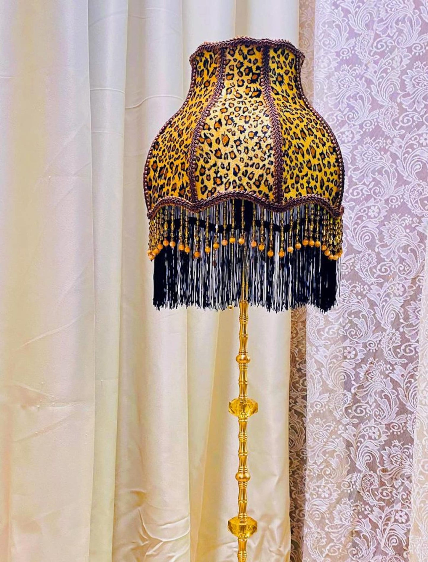 Handmade Leopard Print Floor Lamp Vintage Brass Accent Tassel Lamp