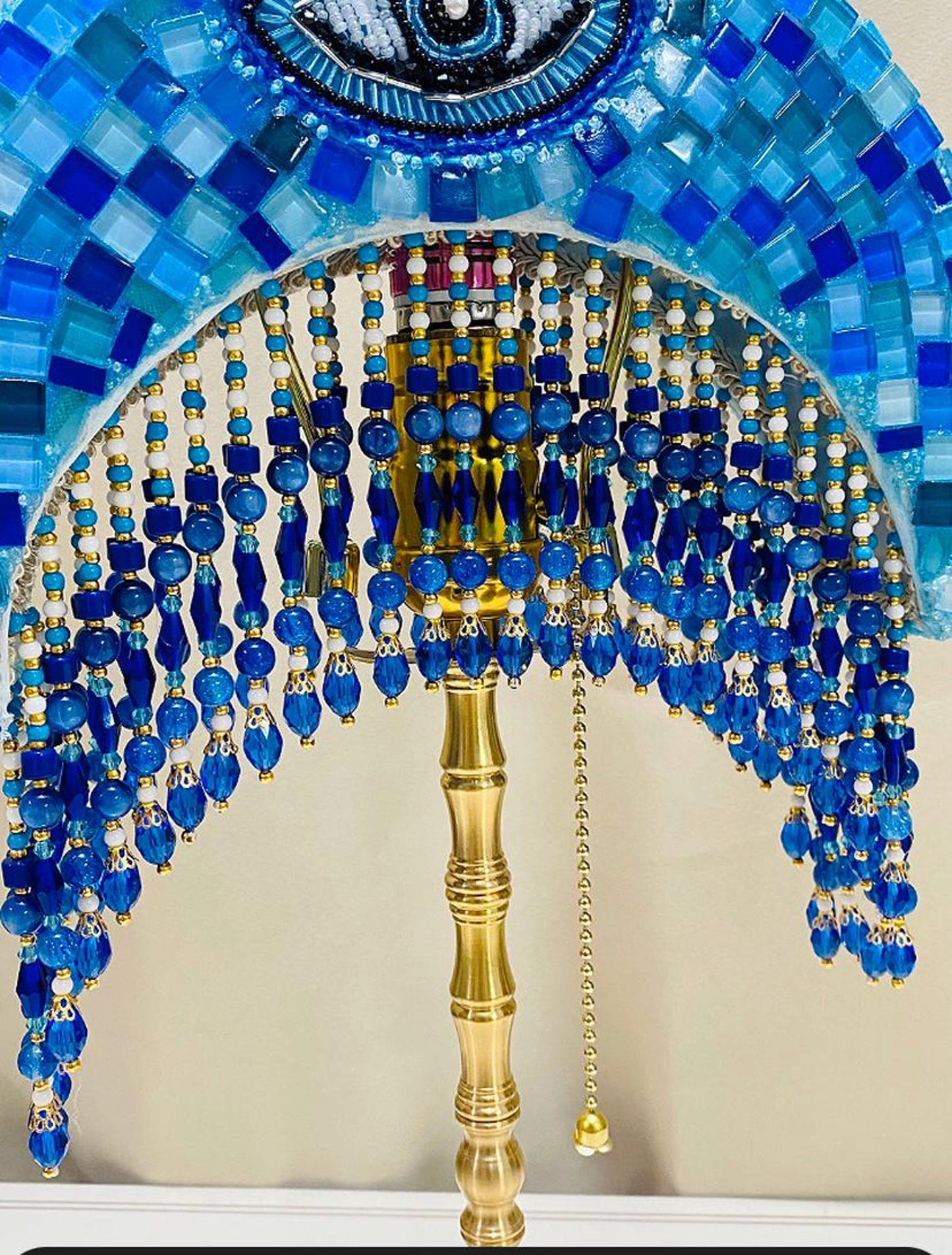 Handmade Mosaic Moon Lamp Brass Base, Agate Tassel - Turkish Table Lamp