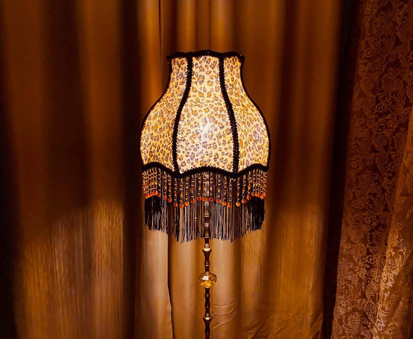 Handmade Leopard Print Floor Lamp Vintage Brass Accent Tassel Lamp