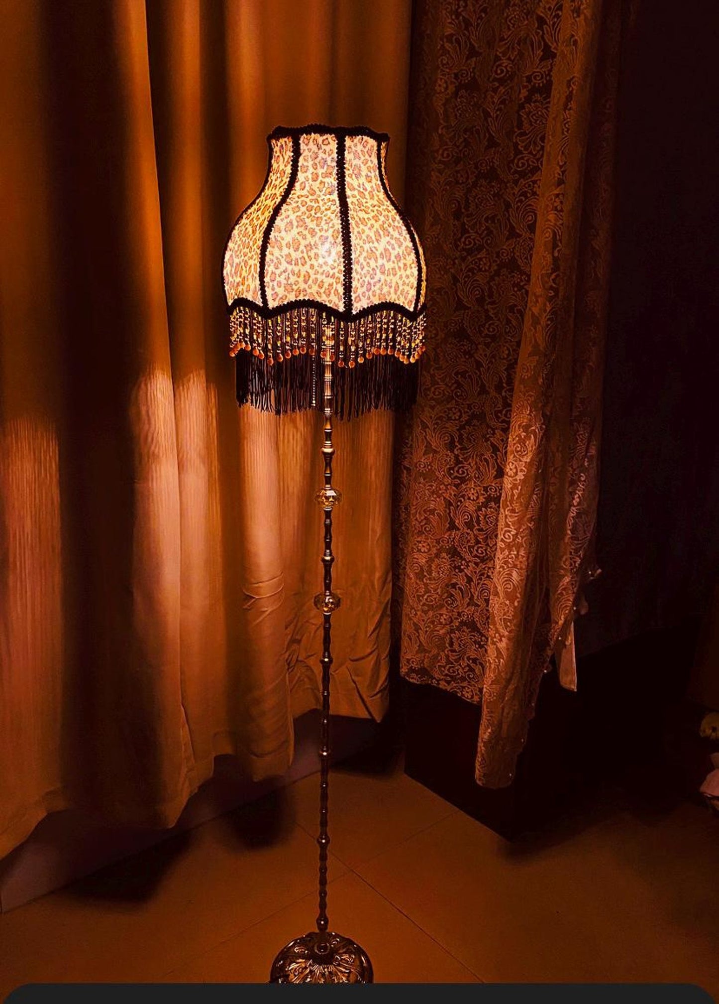 Handmade Leopard Print Floor Lamp Vintage Brass Accent Tassel Lamp