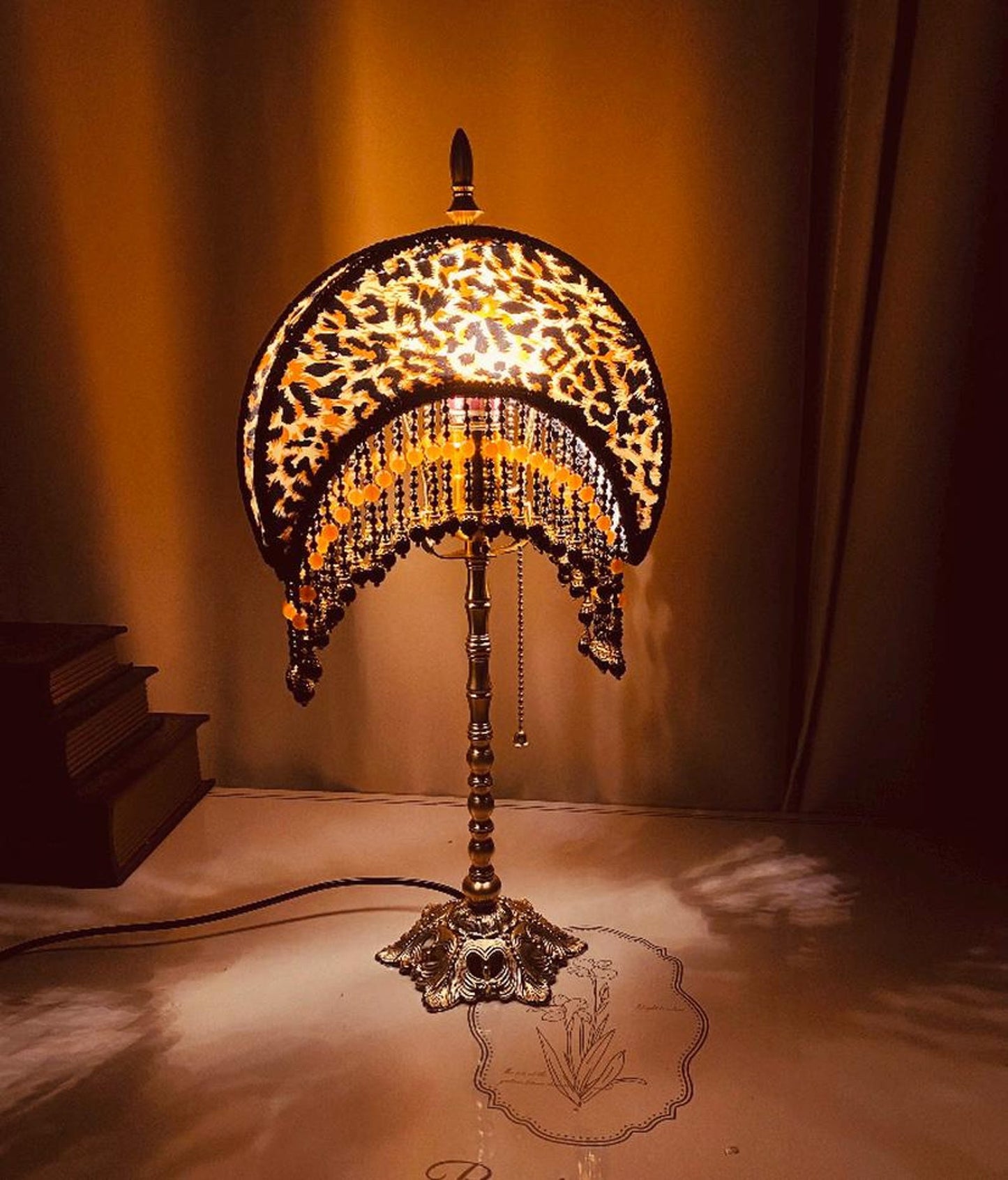 Handmade Leopard Print Moon Lamp Brass Base Agate Tassel