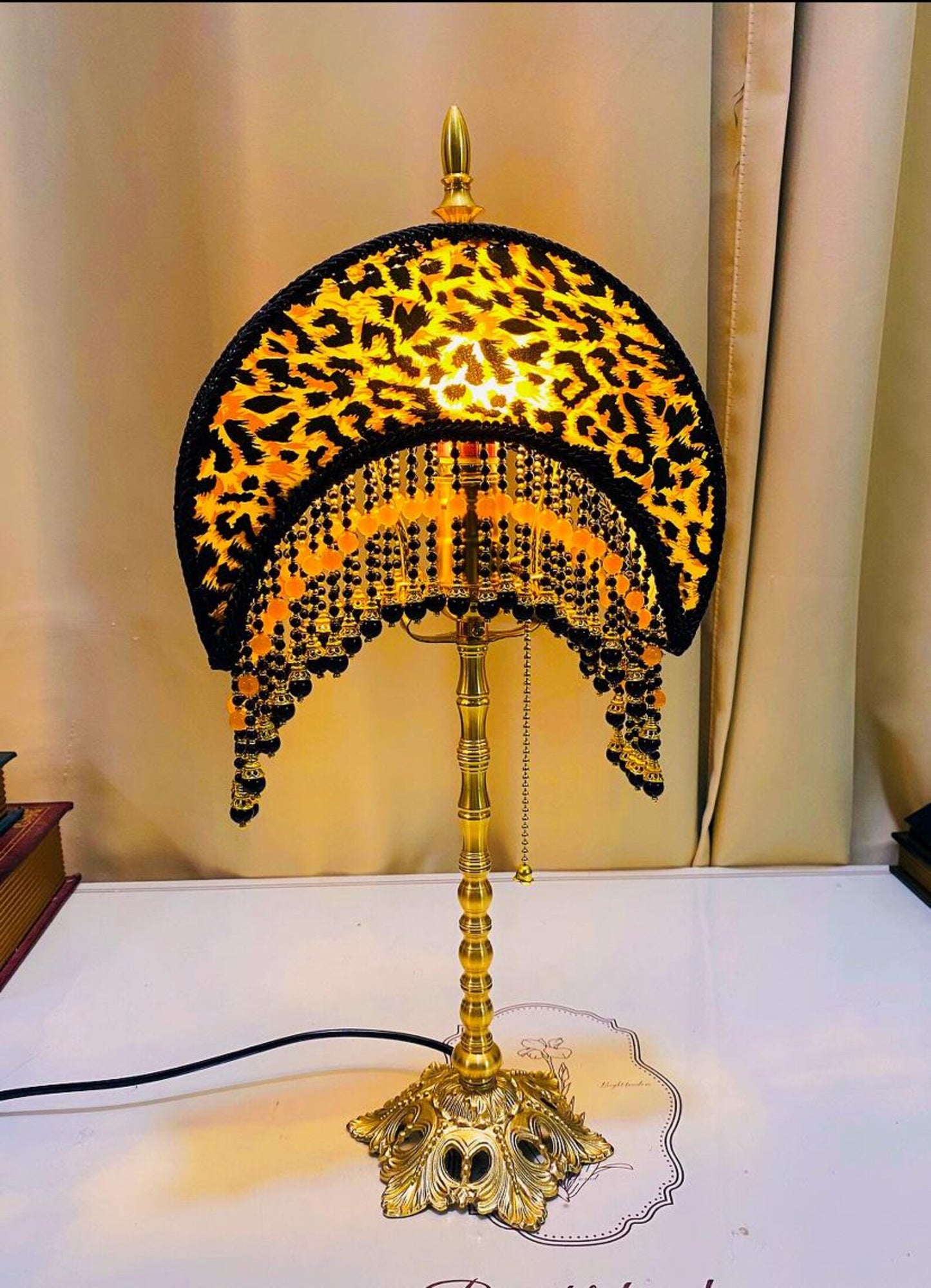Handmade Leopard Print Moon Lamp Brass Base Agate Tassel