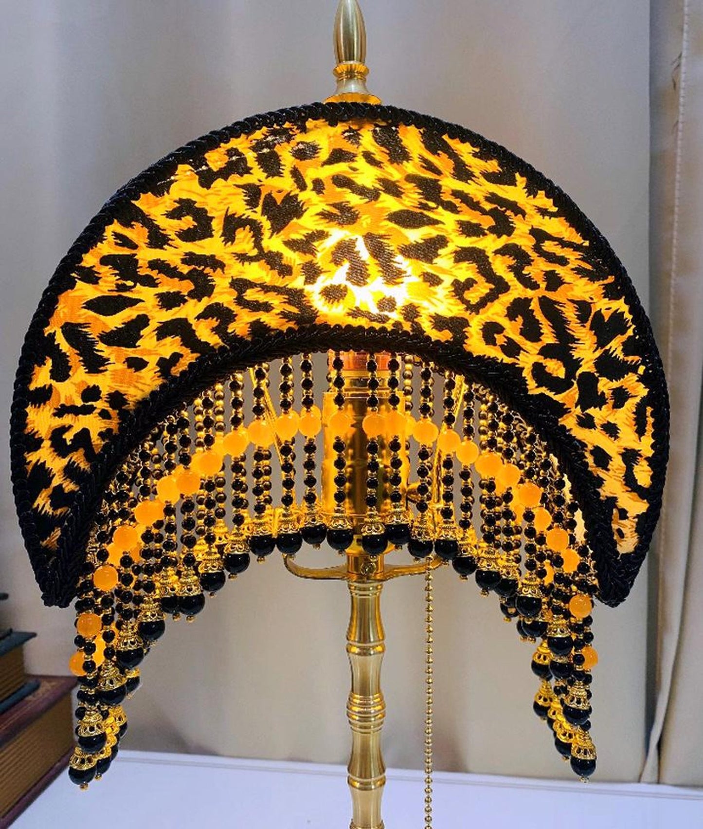 Handmade Leopard Print Moon Lamp Brass Base Agate Tassel