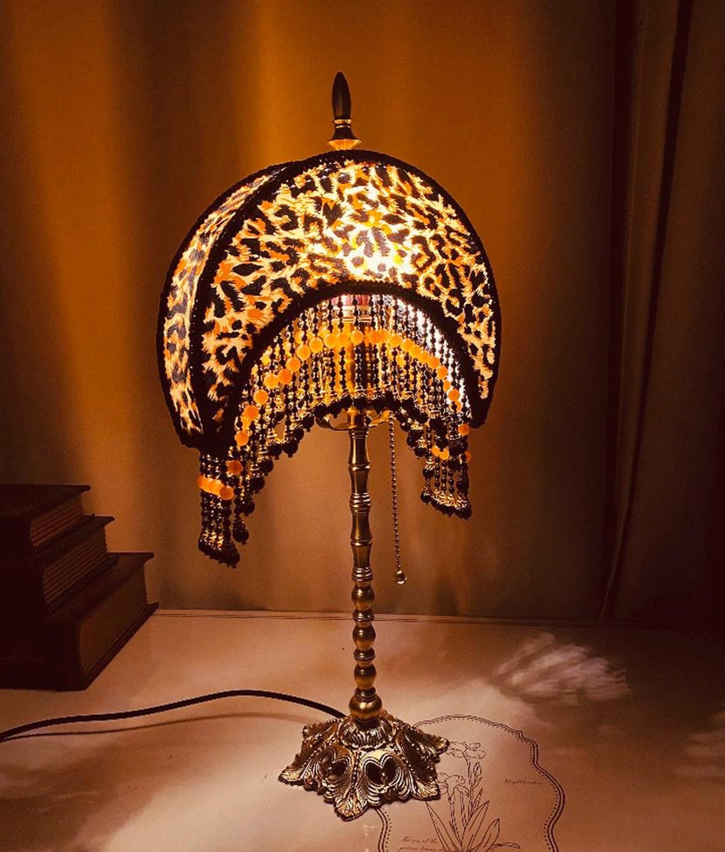 Handmade Leopard Print Moon Lamp Brass Base Agate Tassel