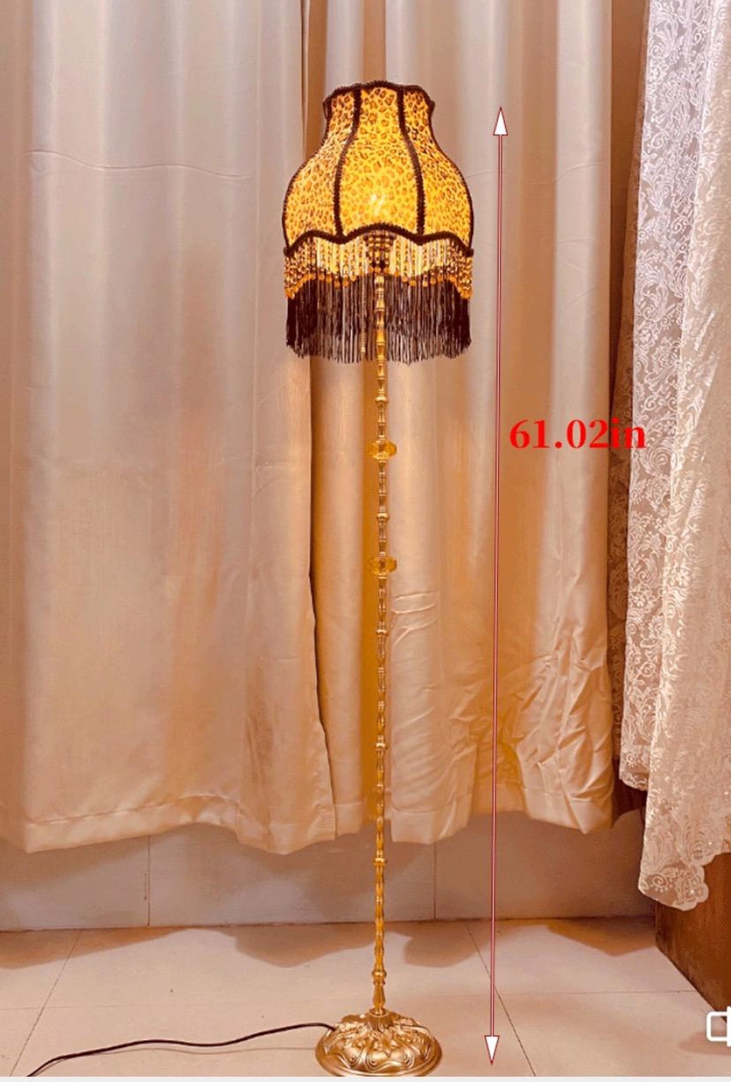 Handmade Leopard Print Floor Lamp Vintage Brass Accent Tassel Lamp
