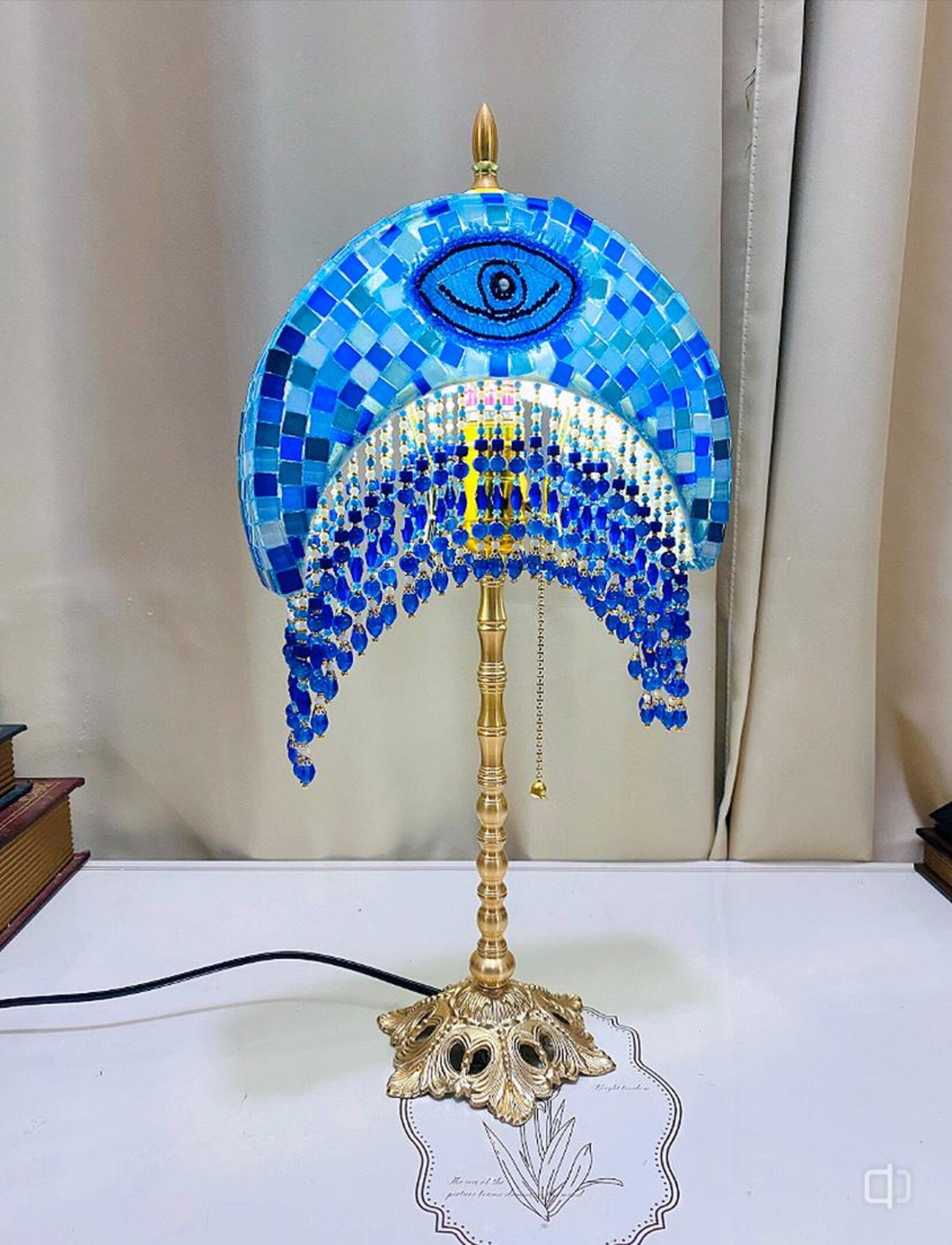 Handmade Mosaic Moon Lamp Brass Base, Agate Tassel - Turkish Table Lamp