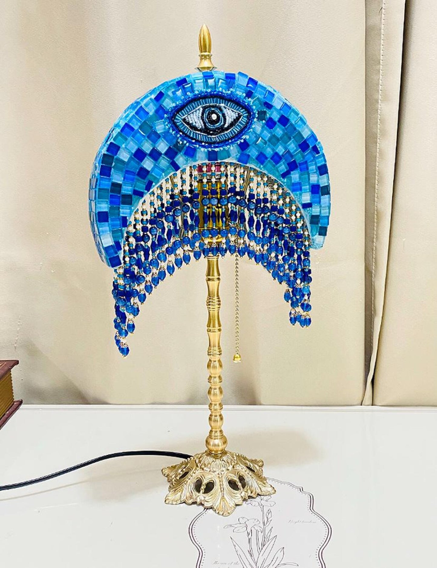 Handmade Mosaic Moon Lamp Brass Base, Agate Tassel - Turkish Table Lamp