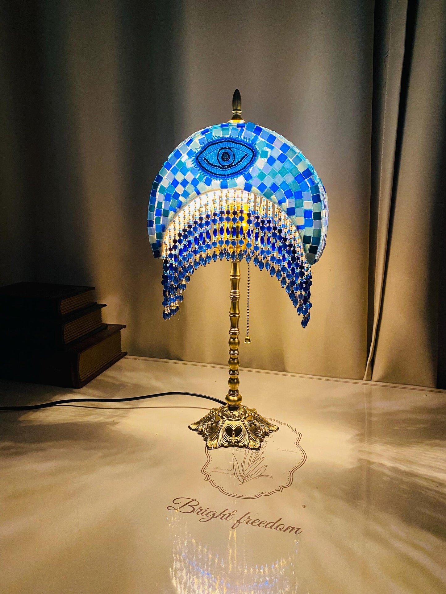 Handmade Mosaic Moon Lamp Brass Base, Agate Tassel - Turkish Table Lamp