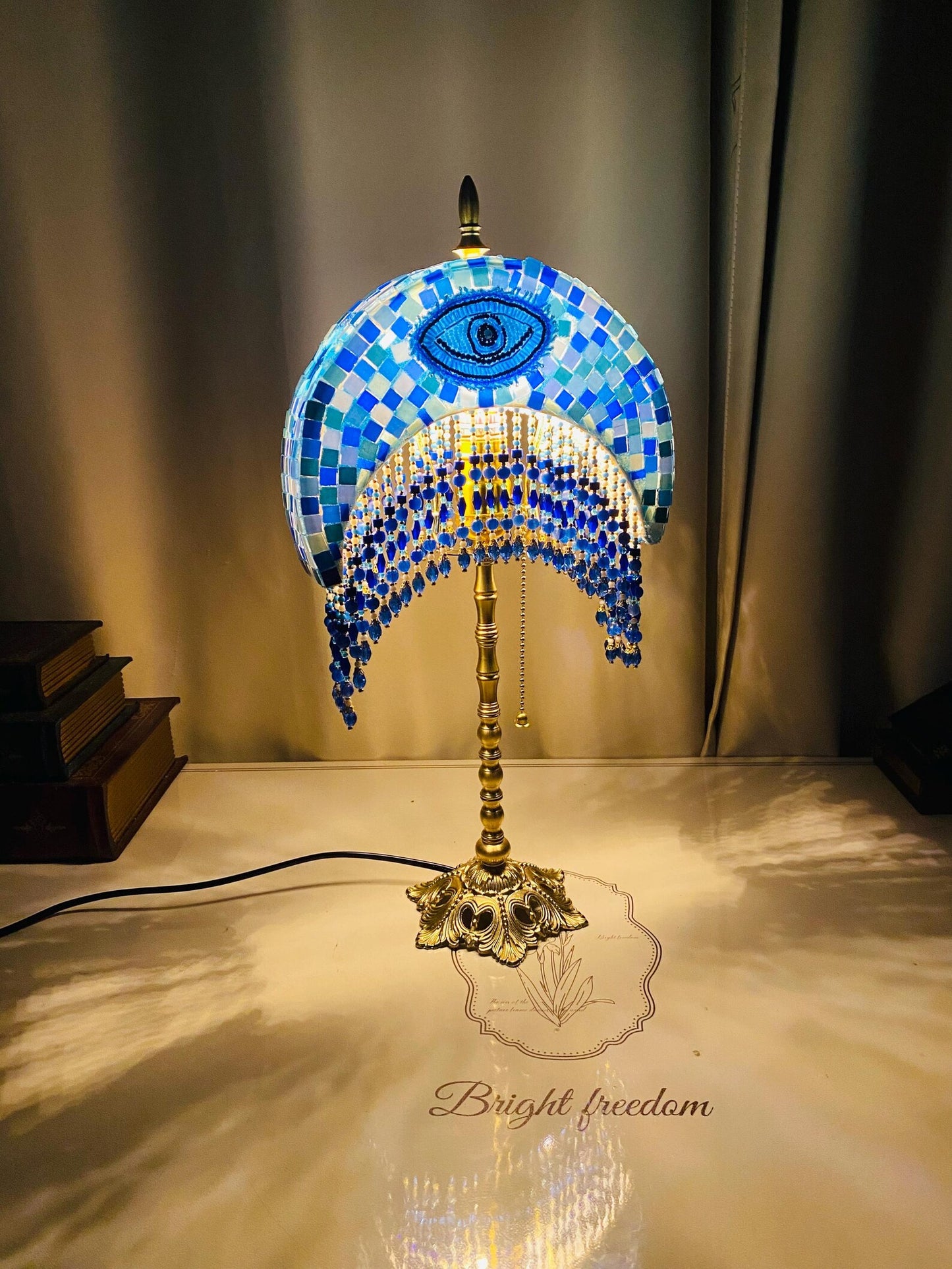 Handmade Mosaic Moon Lamp Brass Base, Agate Tassel - Turkish Table Lamp