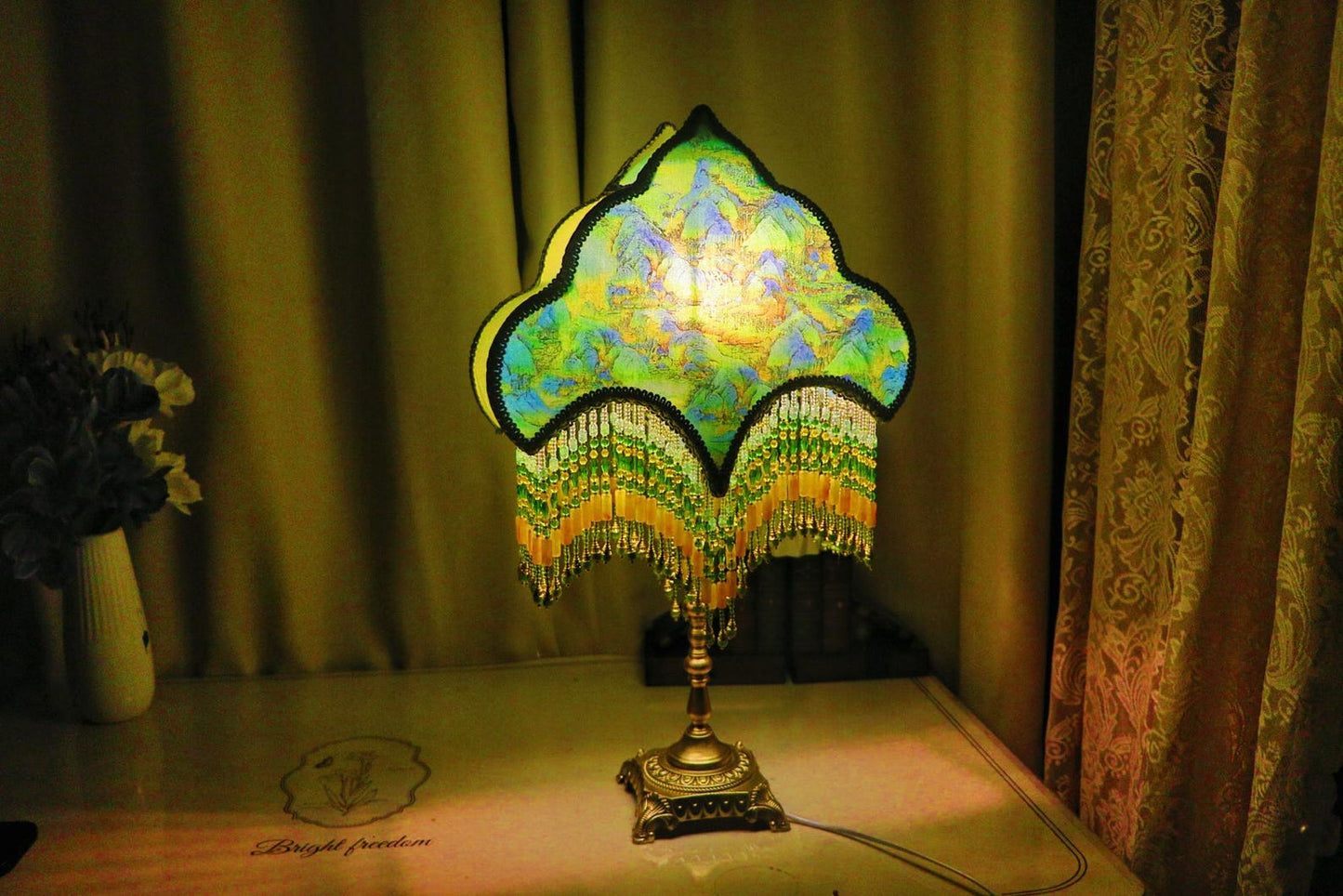 Handmade Landscape Painting Table Lamp-Brass Vintage Tassel Bedside Lamp