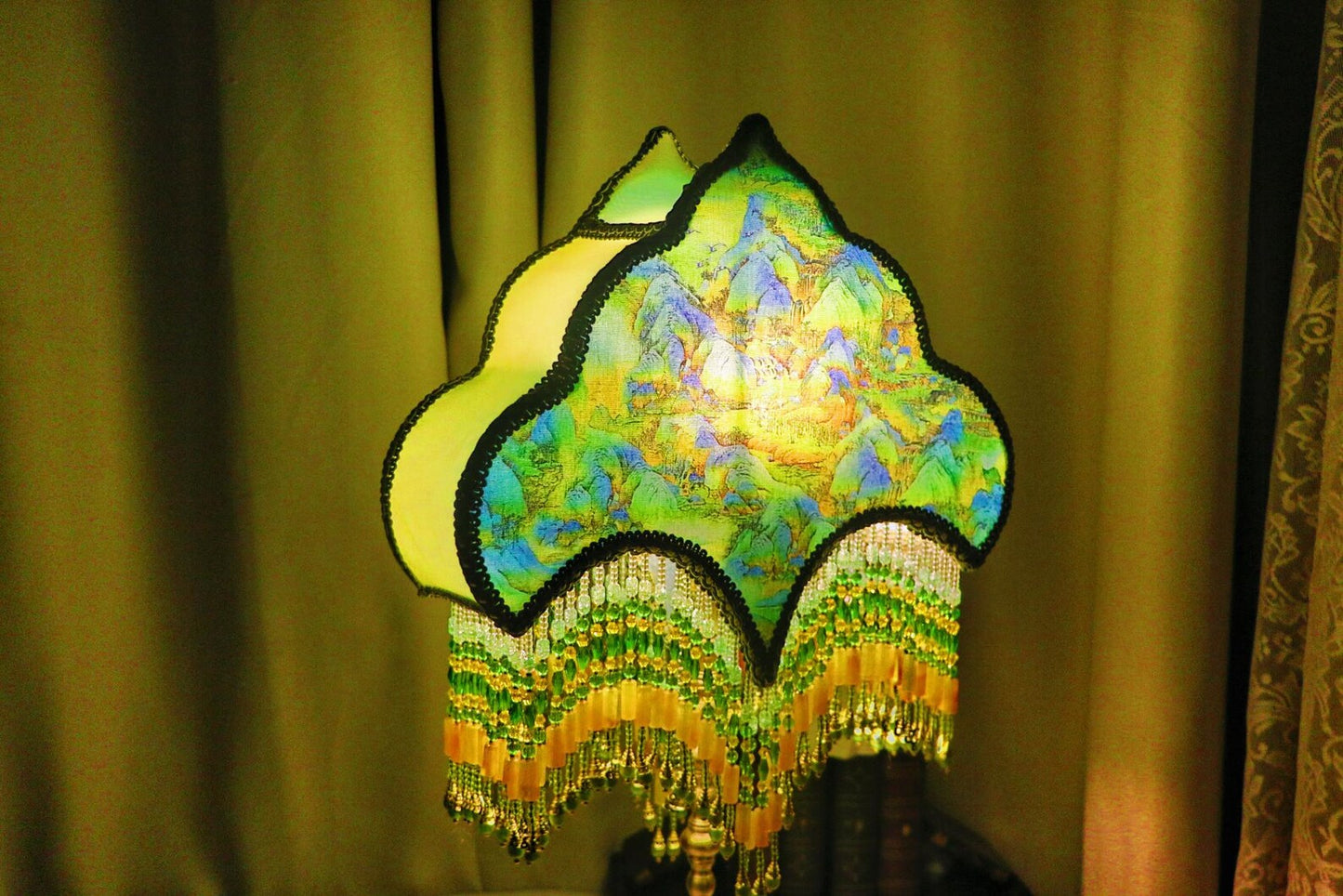 Handmade Landscape Painting Table Lamp-Brass Vintage Tassel Bedside Lamp