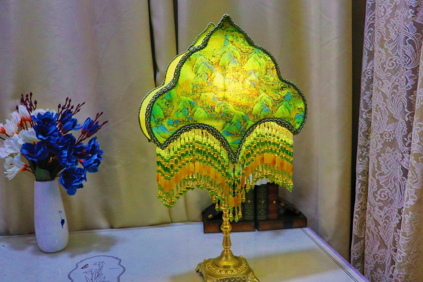 Handmade Landscape Painting Table Lamp-Brass Vintage Tassel Bedside Lamp