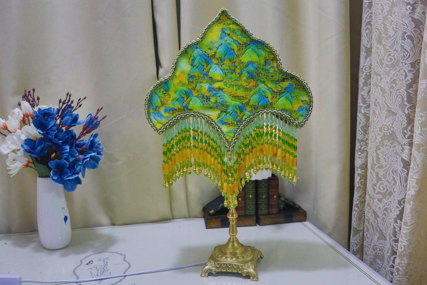 Handmade Landscape Painting Table Lamp-Brass Vintage Tassel Bedside Lamp