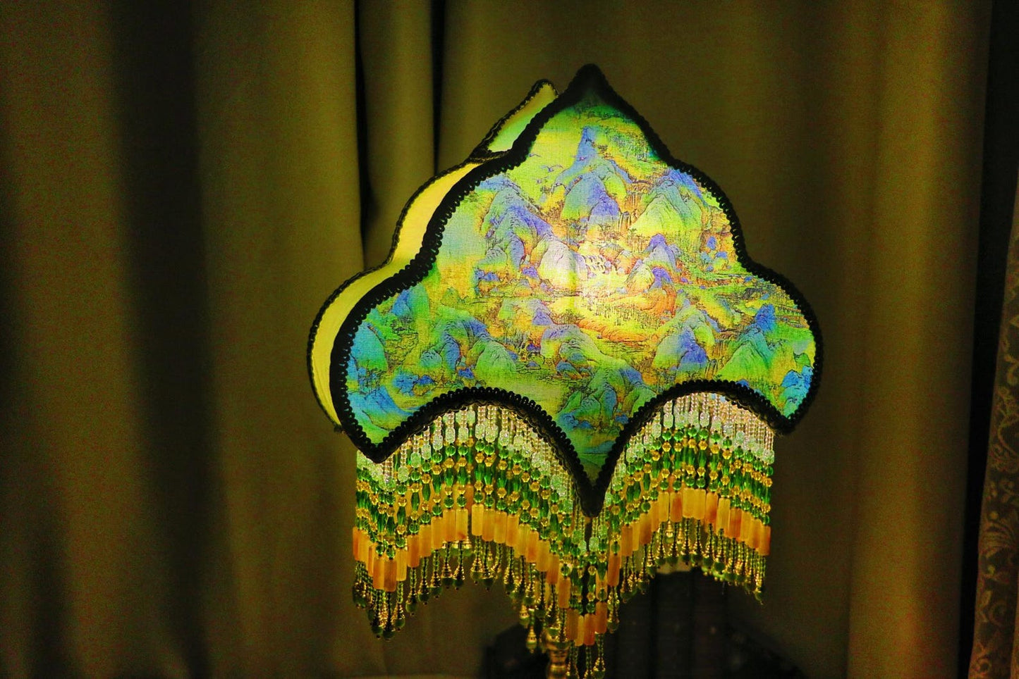 Handmade Landscape Painting Table Lamp-Brass Vintage Tassel Bedside Lamp