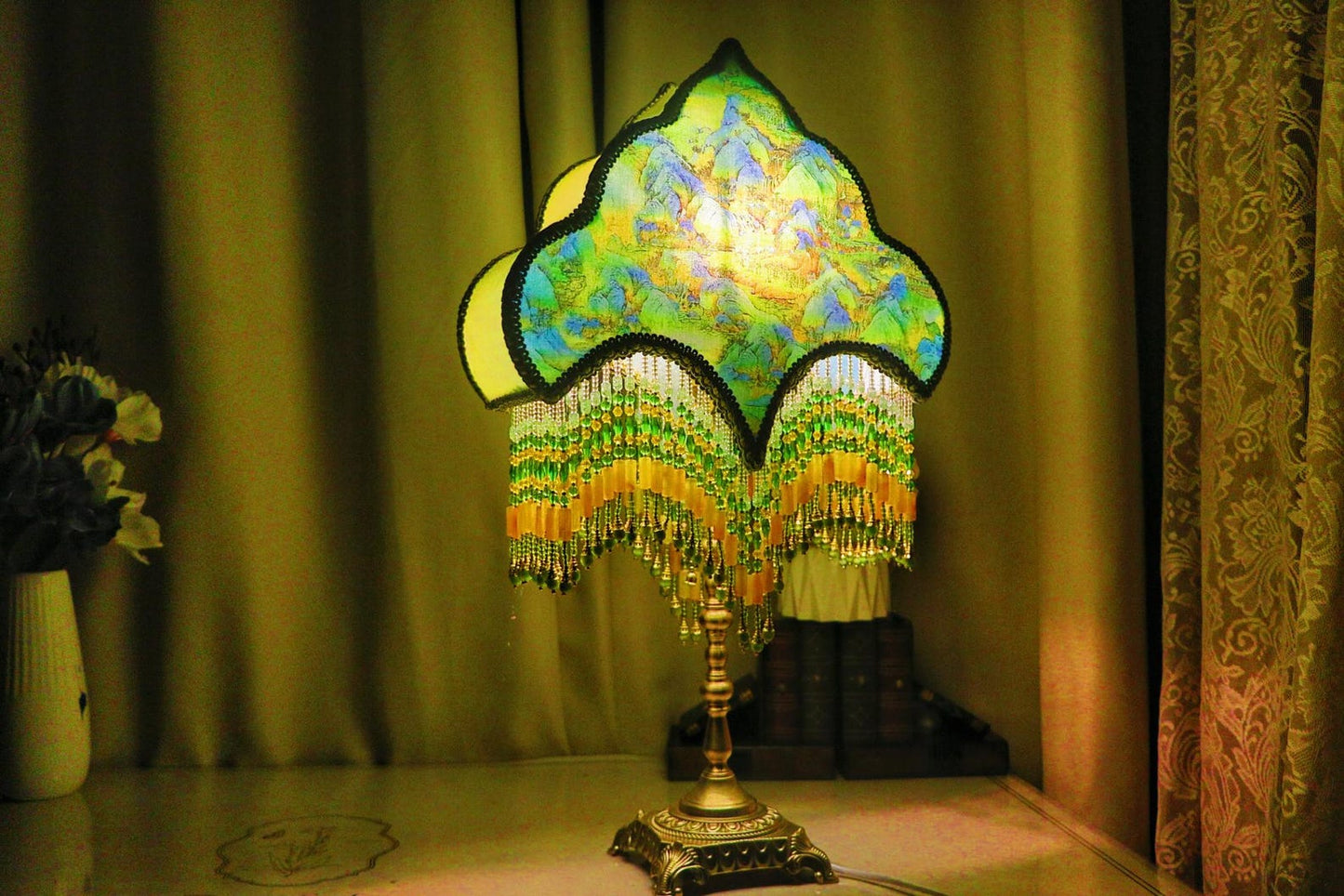 Handmade Landscape Painting Table Lamp-Brass Vintage Tassel Bedside Lamp