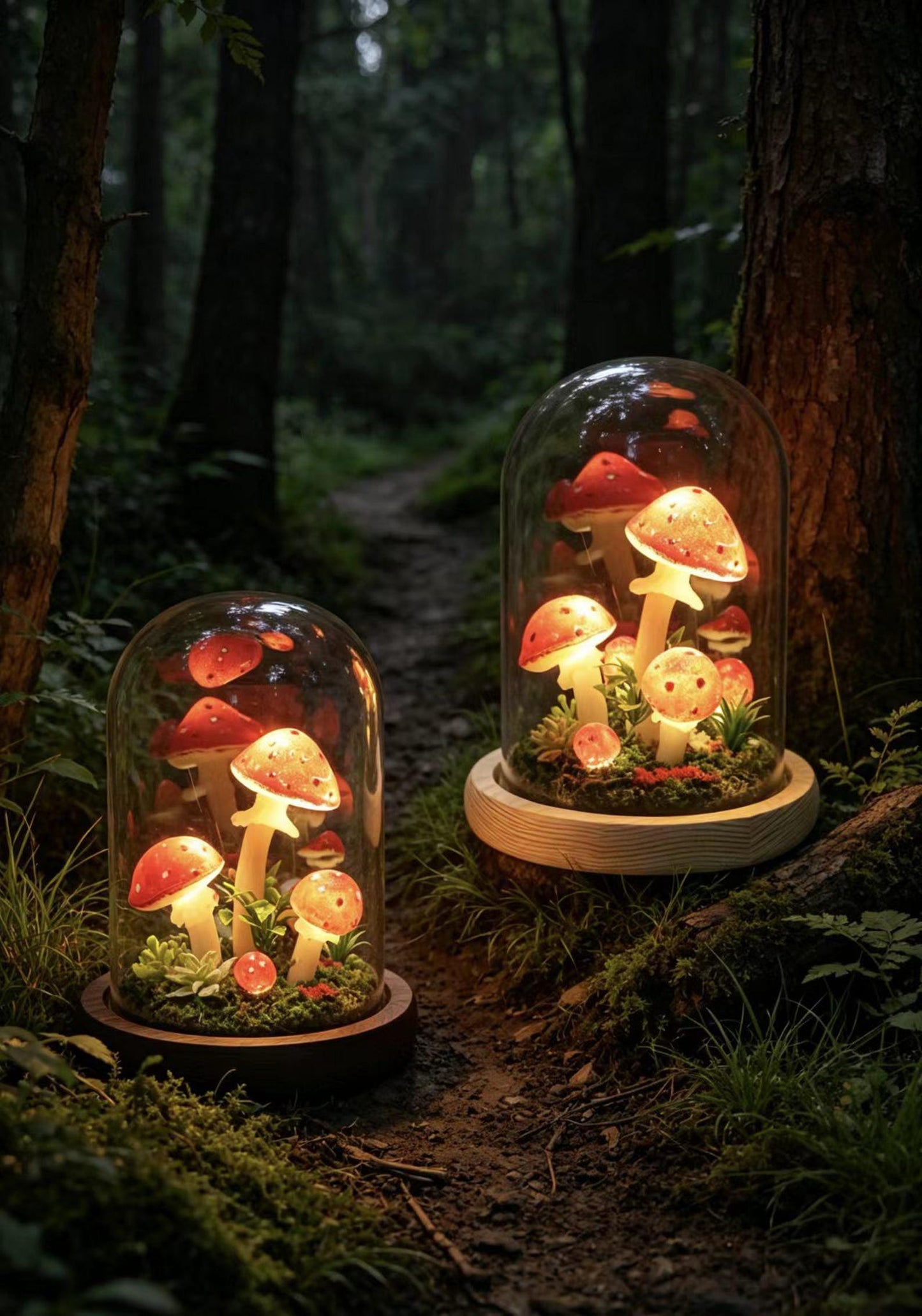 Amanita Muscaria Fly Agaric Glass Dome Mushroom Night Light, Moss Bedside Decor Lamp
