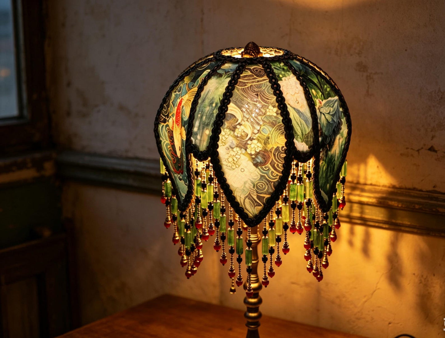Vintage Koi Fish Beaded Lamp, Victorian Teal Floral Lampshade, Brass Base Accent Light