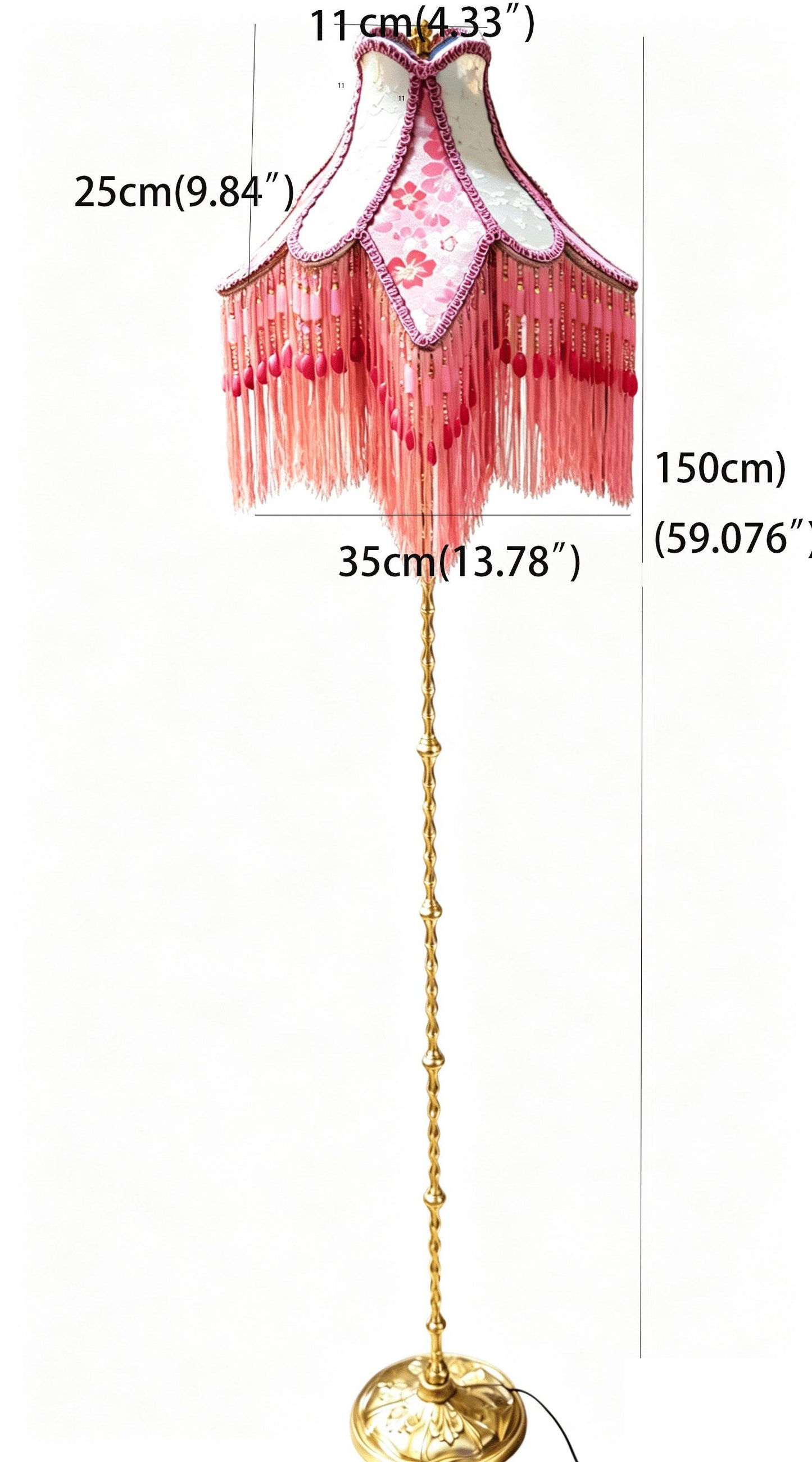 Tall Victorian Style Floor Lamp with Pink Tassel Lampshade,Brass Stand, Boho Bedroom Lighting