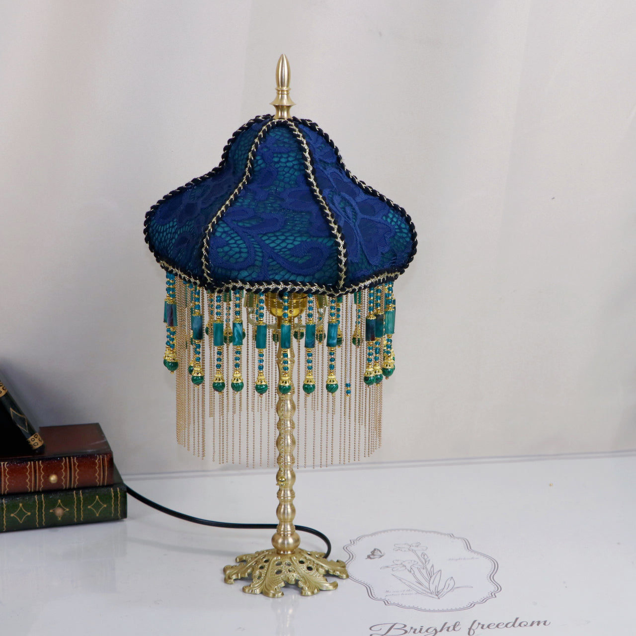 Dark Blue Lace Brass Bedroom Table Lamp