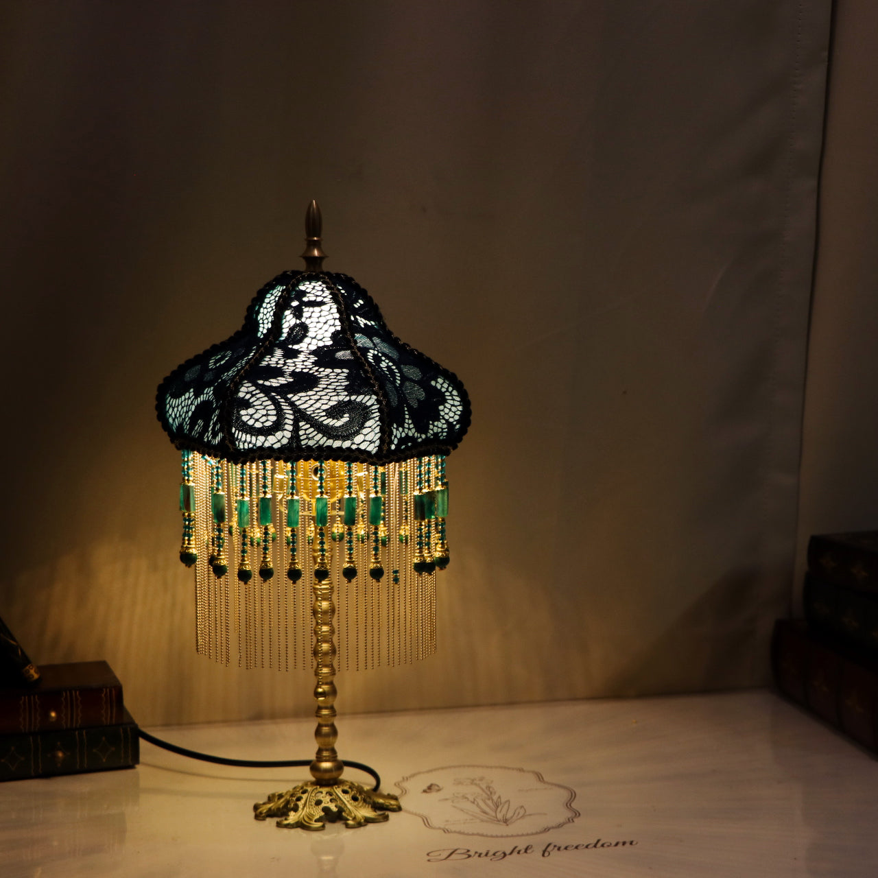 Dark Blue Lace Brass Bedroom Table Lamp