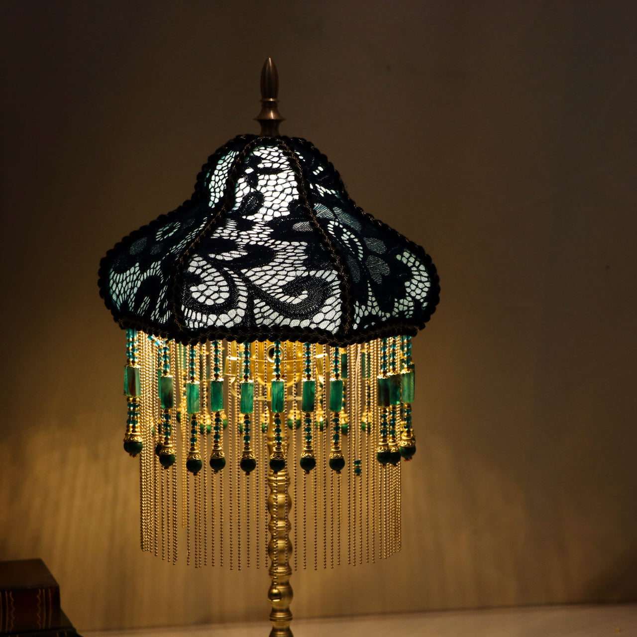 Dark Blue Lace Brass Bedroom Table Lamp