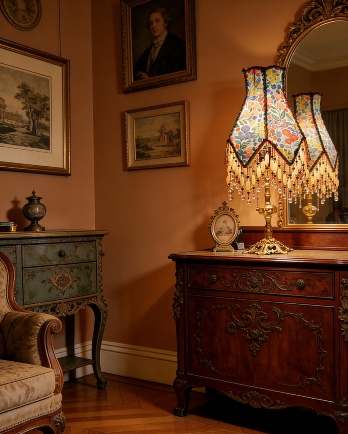 Lampe im Landhausstil mit Blumenmuster als Geschenk zur Einweihung 