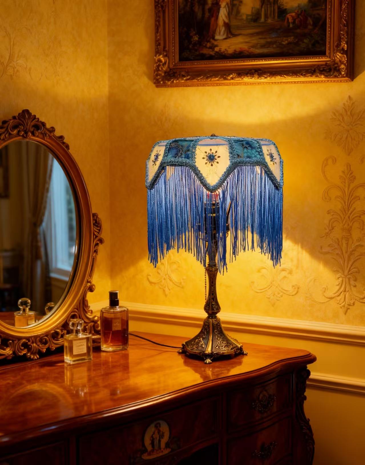 Handmade Blue Tassel Table Lamp, Retro And Elegant Art Lighting