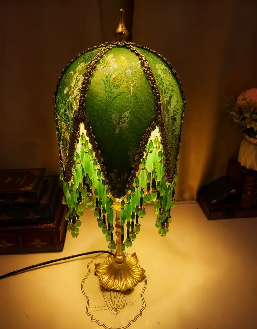 French Vintage Green Beaded Tassel Table Lamp