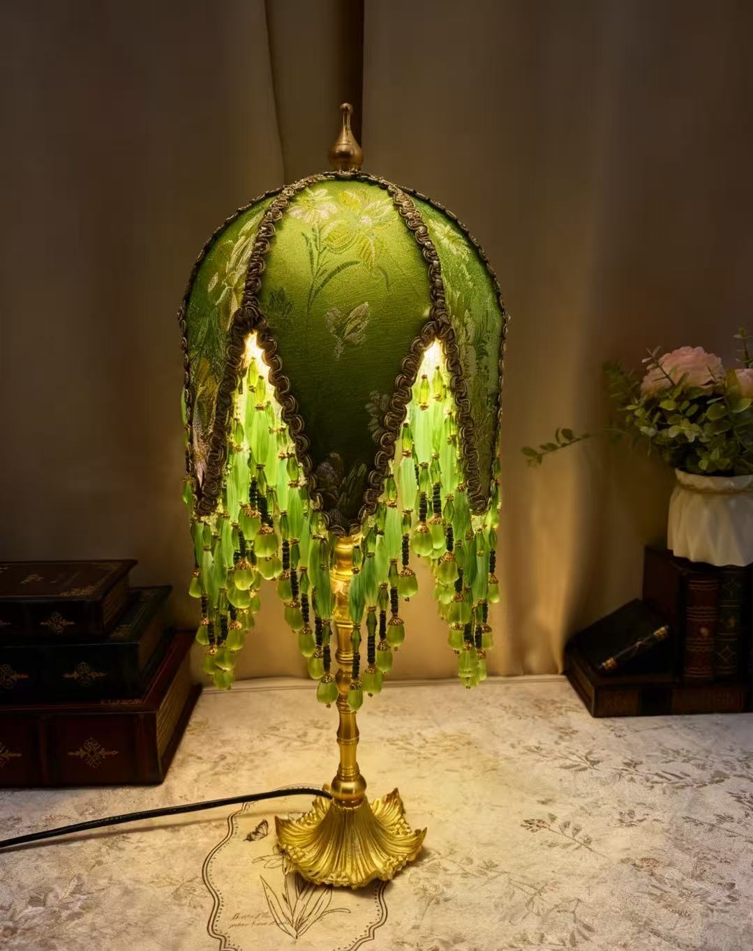 French Vintage Green Beaded Tassel Table Lamp