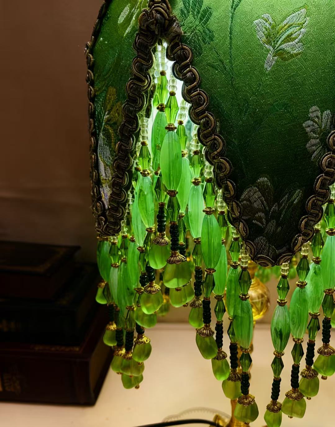 French Vintage Green Beaded Tassel Table Lamp