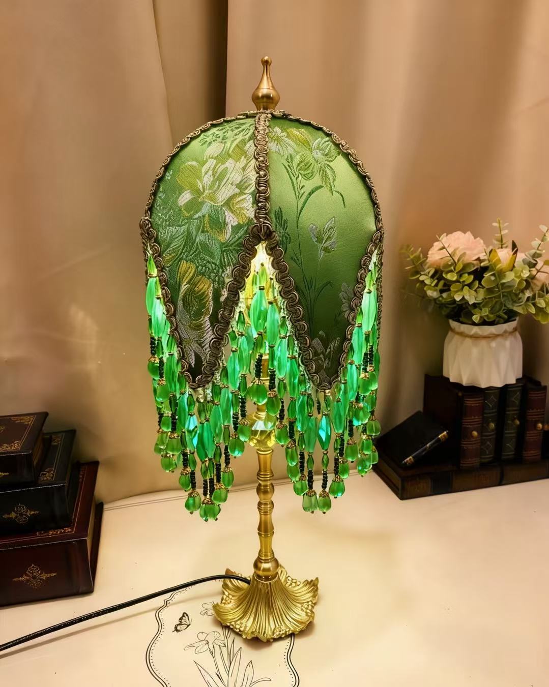 French Vintage Green Beaded Tassel Table Lamp
