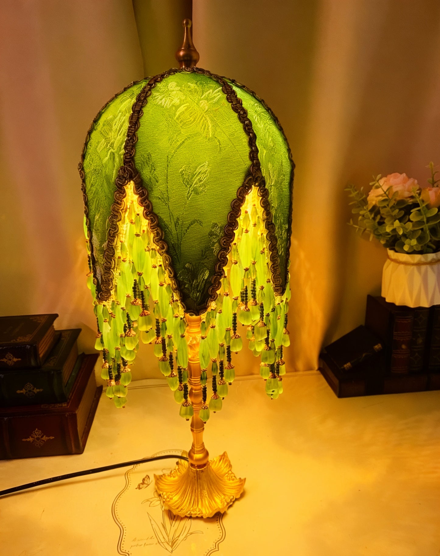 French Vintage Green Beaded Tassel Table Lamp