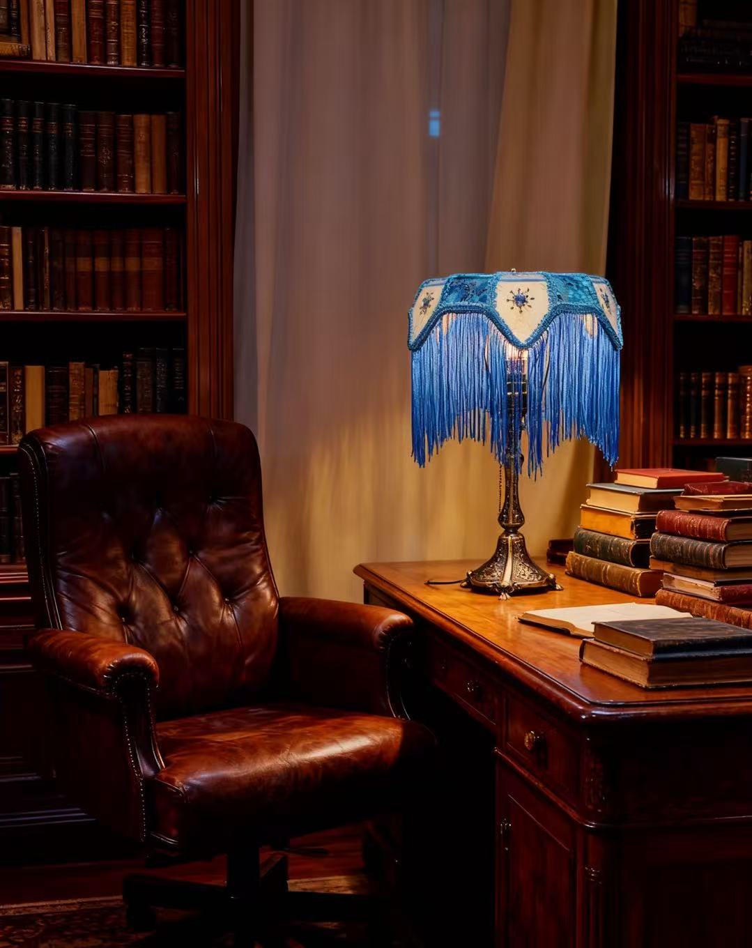 Handmade Blue Tassel Table Lamp, Retro And Elegant Art Lighting
