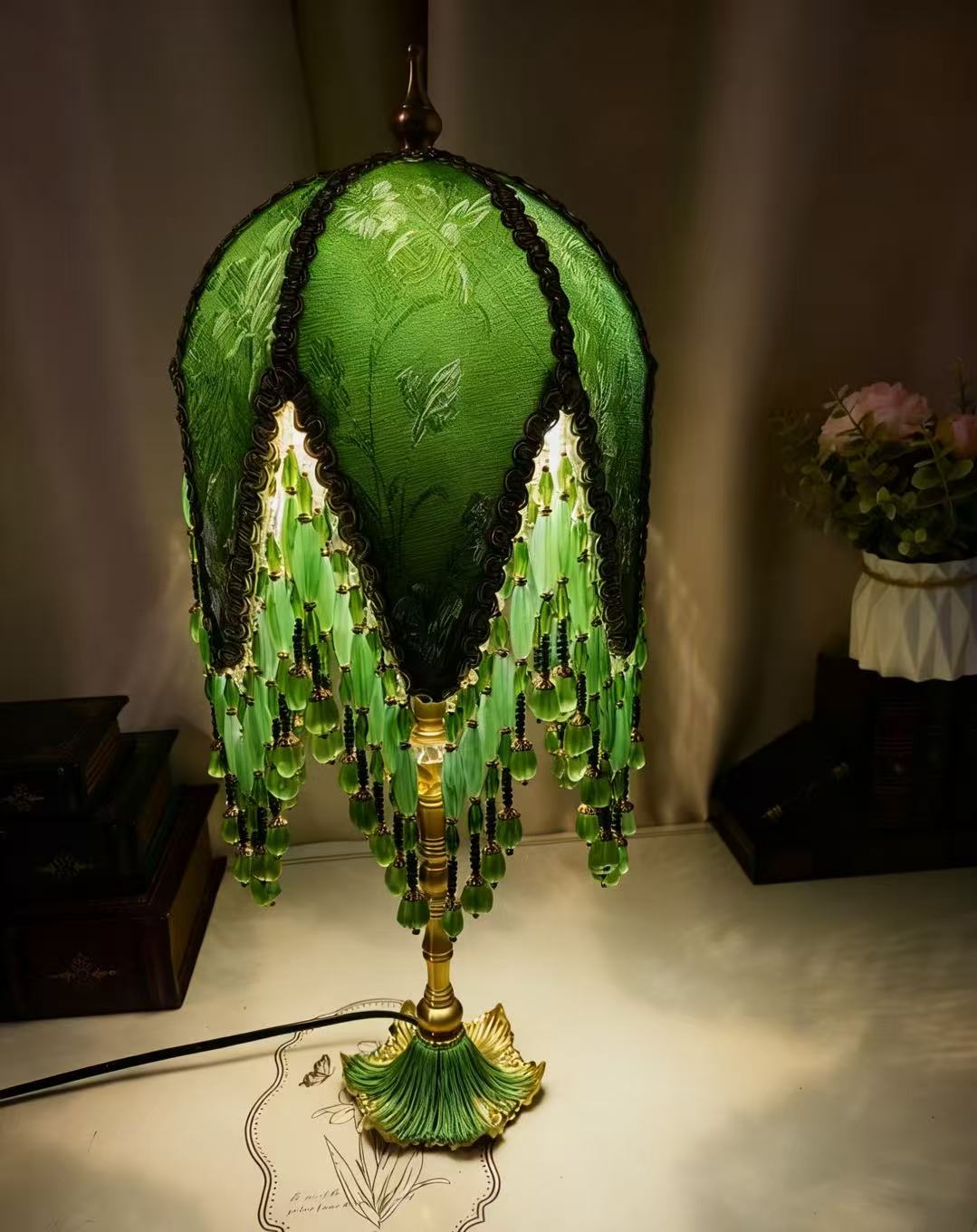 French Vintage Green Beaded Tassel Table Lamp