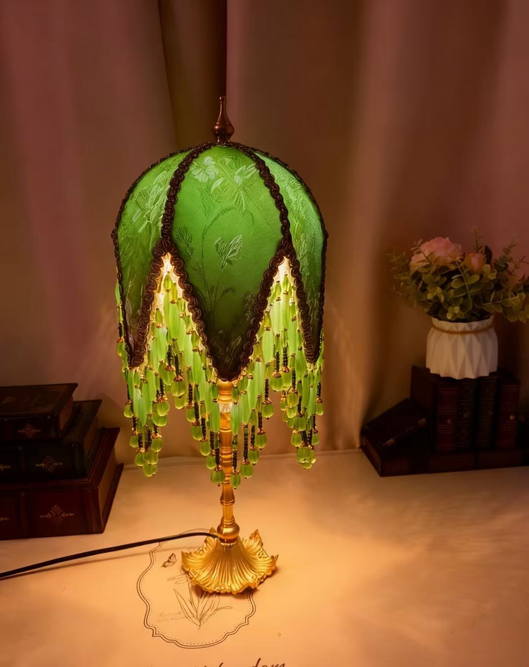 French Vintage Green Beaded Tassel Table Lamp