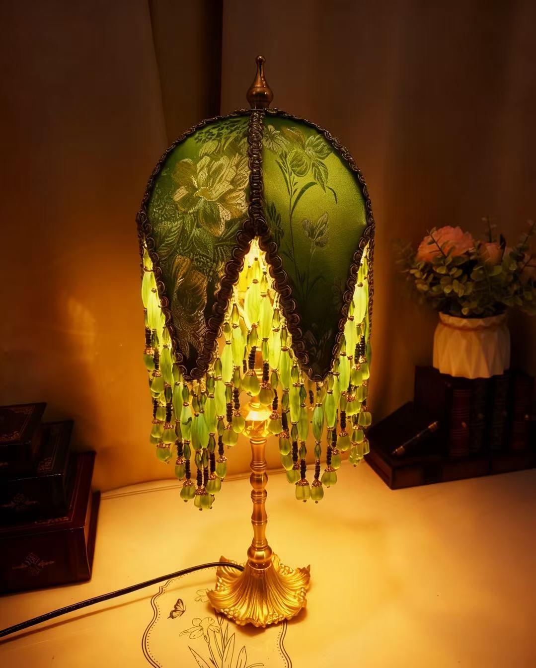 French Vintage Green Beaded Tassel Table Lamp