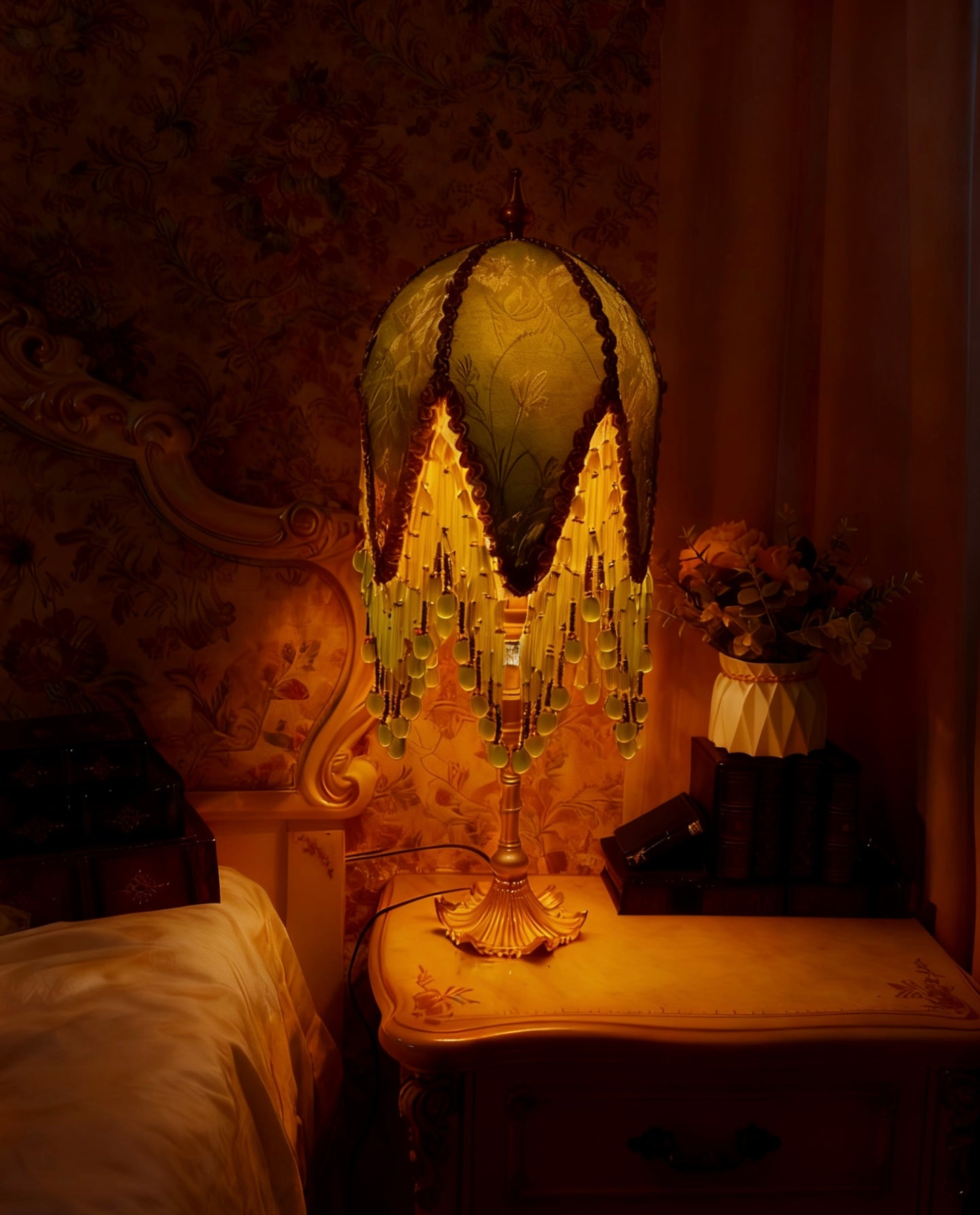 French Vintage Green Beaded Tassel Table Lamp