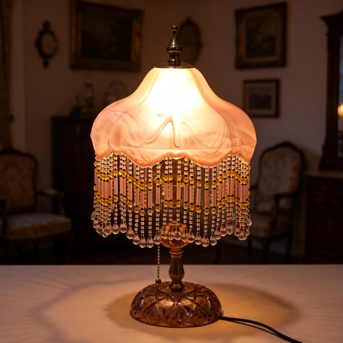 Vintage Pink Glass Tassel Table Lamp, Crystal Beaded Bedside Light