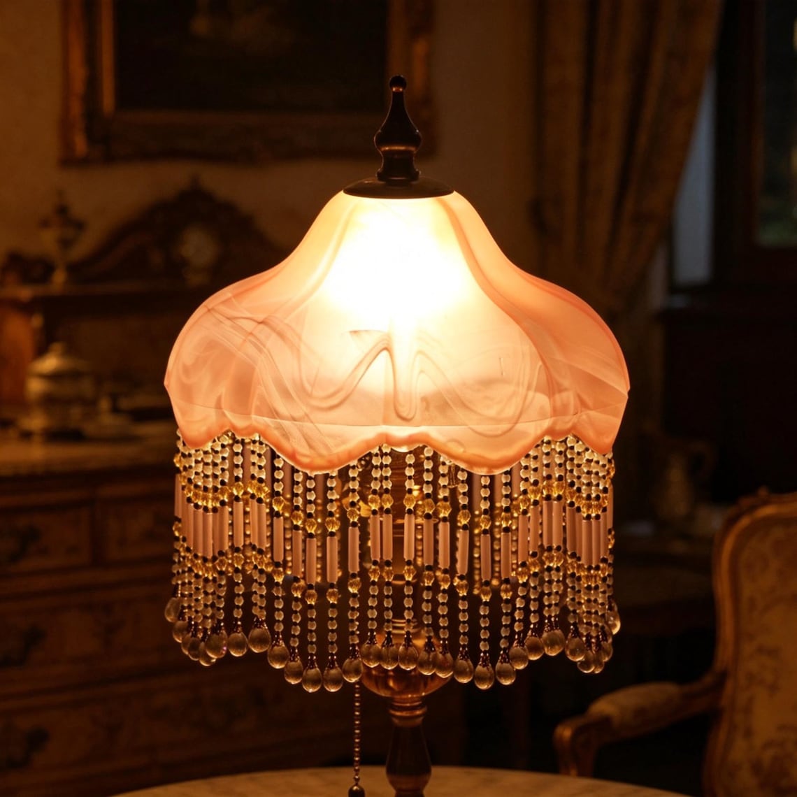Vintage Pink Glass Tassel Table Lamp, Crystal Beaded Bedside Light
