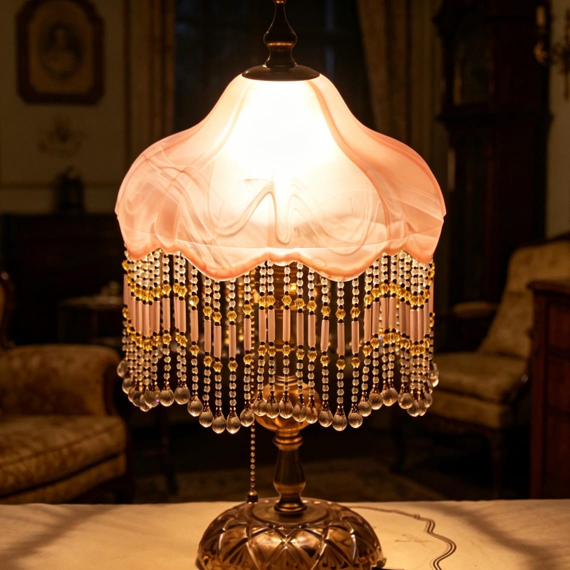 Vintage Pink Glass Tassel Table Lamp, Crystal Beaded Bedside Light